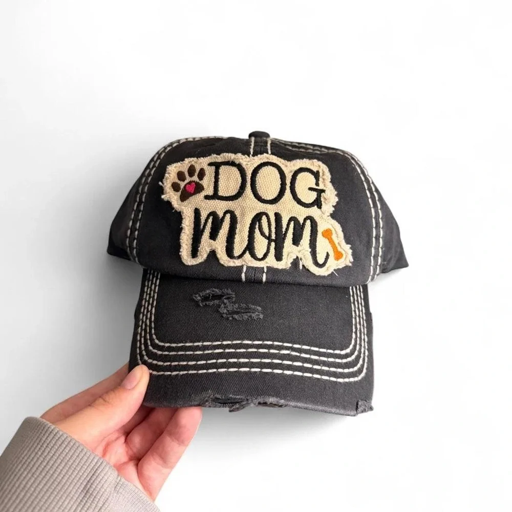 Dog Mom Distressed Baseball Cap Washed Black Embroidered Hat Adjustable